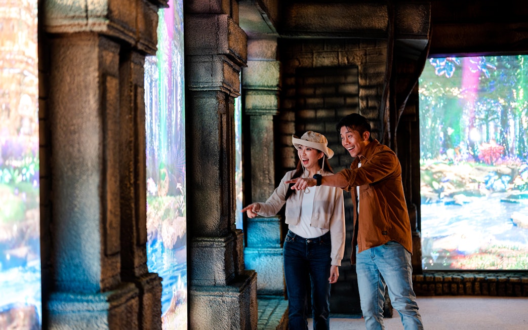 Tourists engaging with interactive displays at Enchanted Forest exhibit.