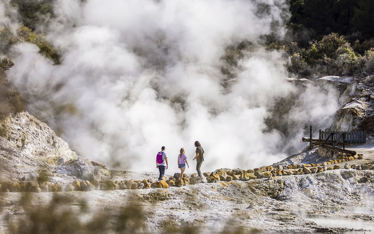 Tourists walking through steam at Hells Gate Geothermal Park.