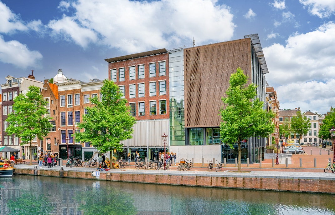 Tourists in line outside the Anne Frank House in Amsterdam.