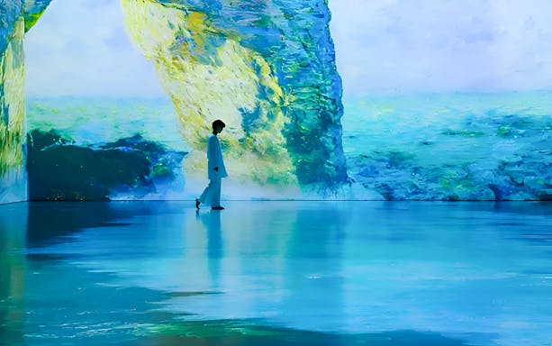 Immersive Monet exhibition in Singapore with person walking through digital art display.