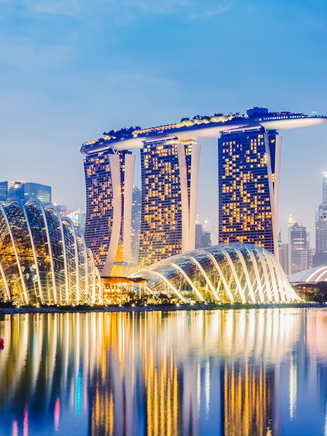 Panoramic view of Singapore cityscape from Marina Bay Sands Skypark Observation Deck.