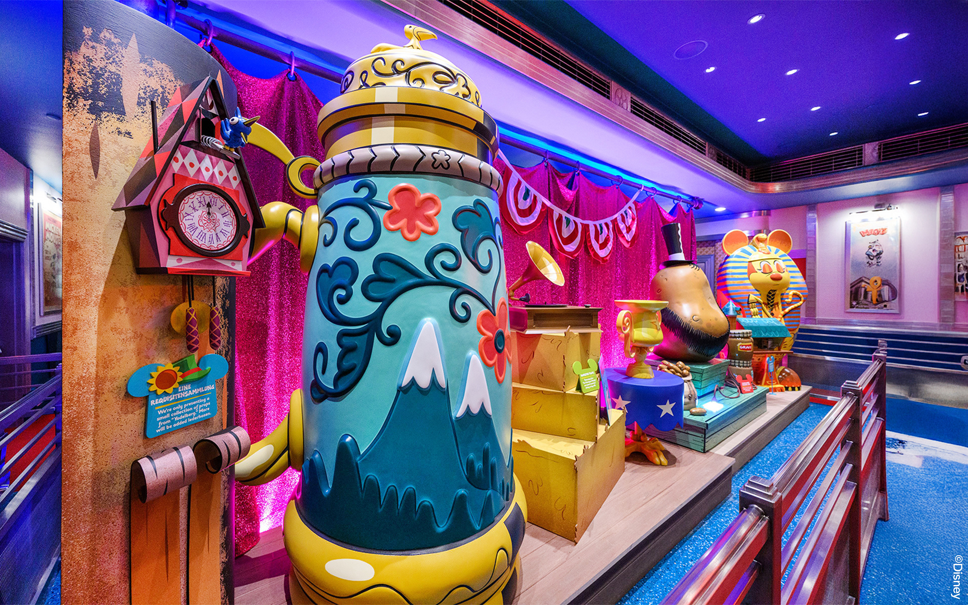 Colorful cartoon-themed decor at Mickey's Toontown attractions, Disneyland Park, California.