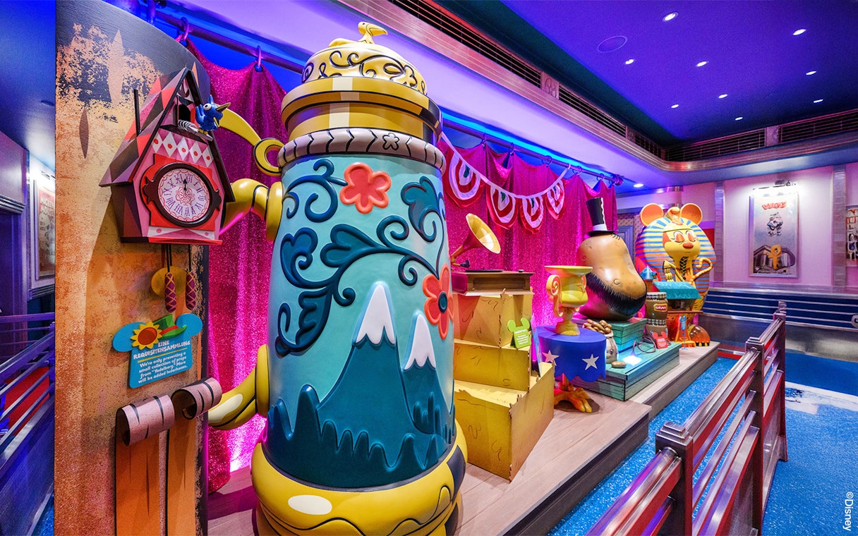 Colorful cartoon-themed decor at Mickey's Toontown attractions, Disneyland Park, California.