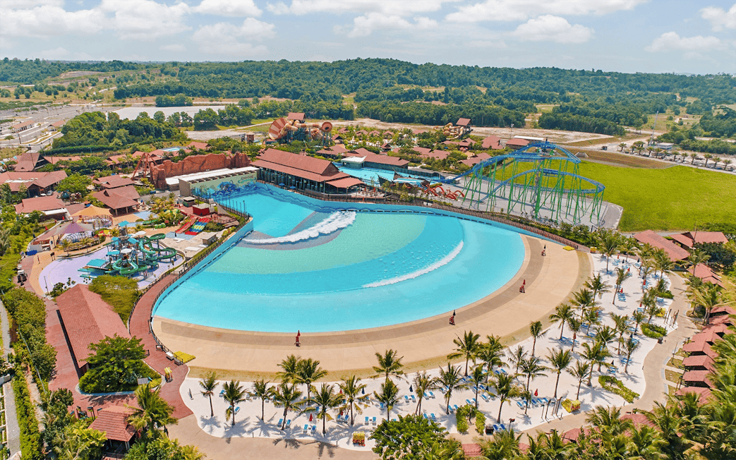 Aerial view of Adventure Waterpark Desaru Coast featuring wave pool and water slides.