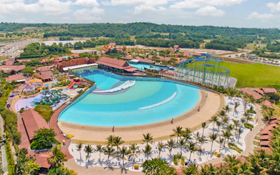 Aerial view of Adventure Waterpark Desaru Coast featuring wave pool and water slides.