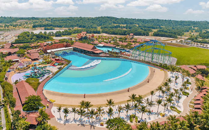 Aerial view of Adventure Waterpark Desaru Coast featuring wave pool and water slides.