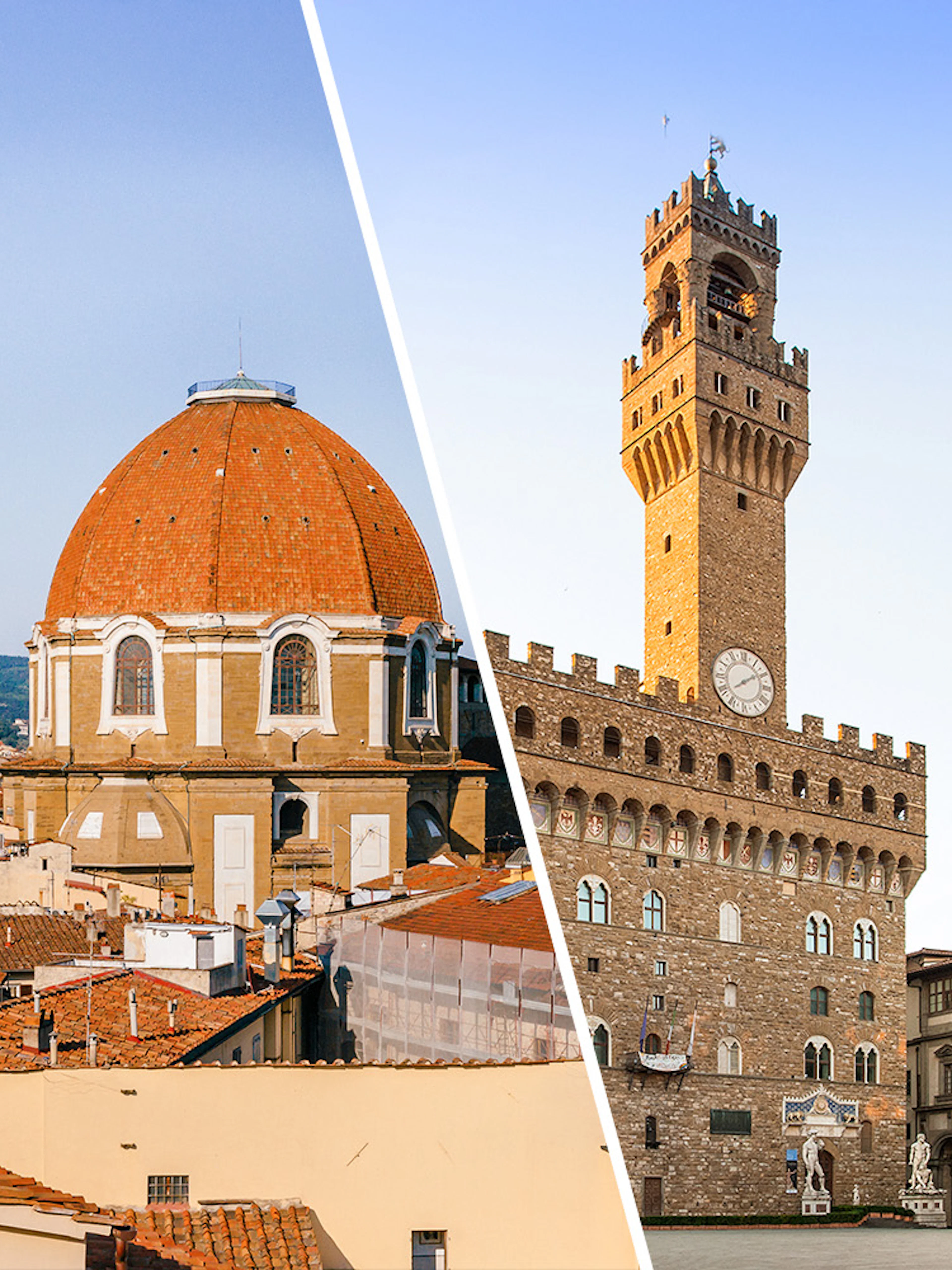Medici Chapel dome and Palazzo Vecchio tower in Florence, Italy.