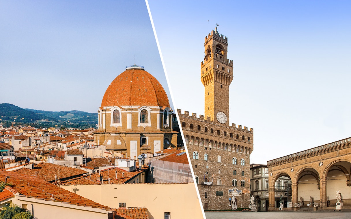Medici Chapel dome and Palazzo Vecchio tower in Florence, Italy.