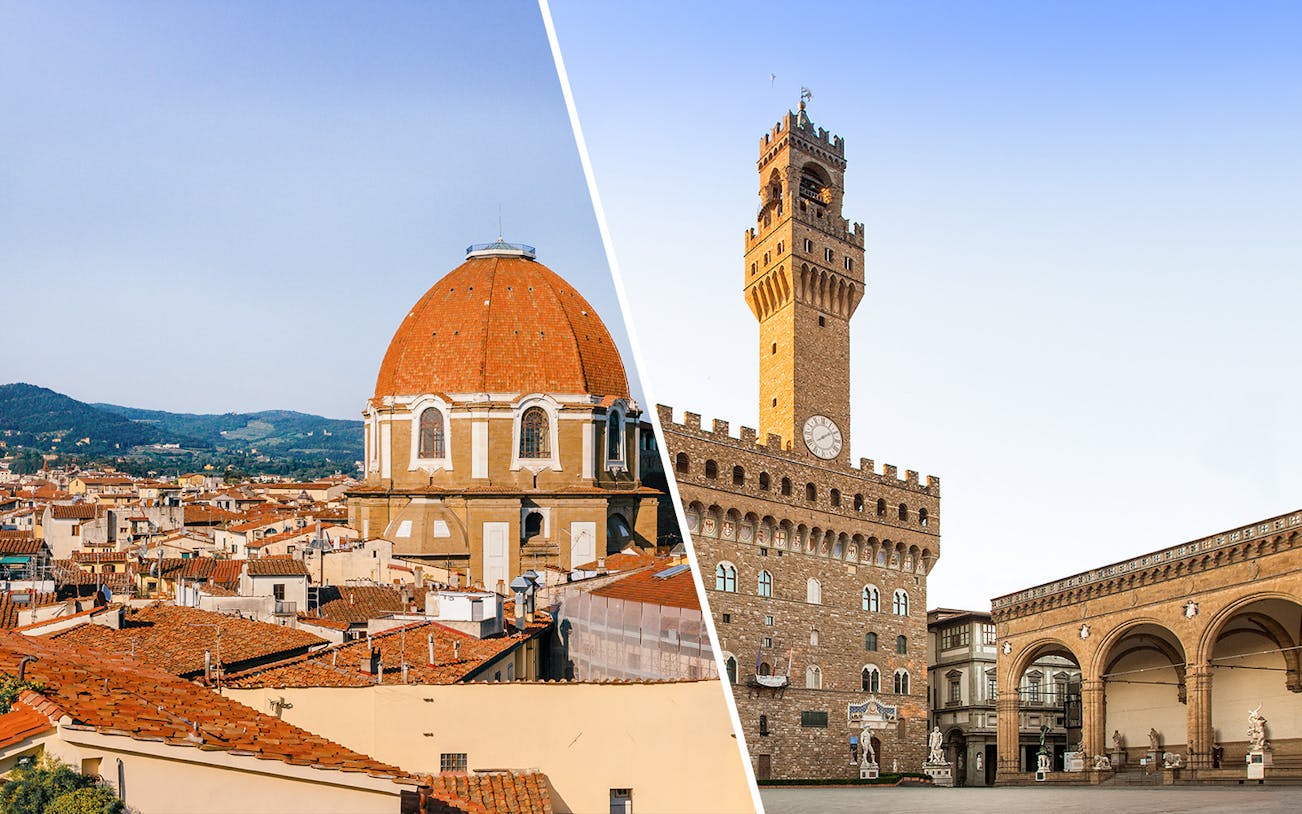 Medici Chapel dome and Palazzo Vecchio tower in Florence, Italy.