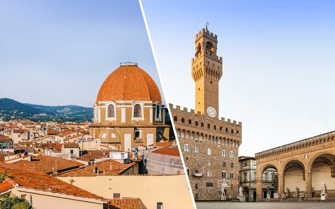 Medici Chapel dome and Palazzo Vecchio tower in Florence, Italy.