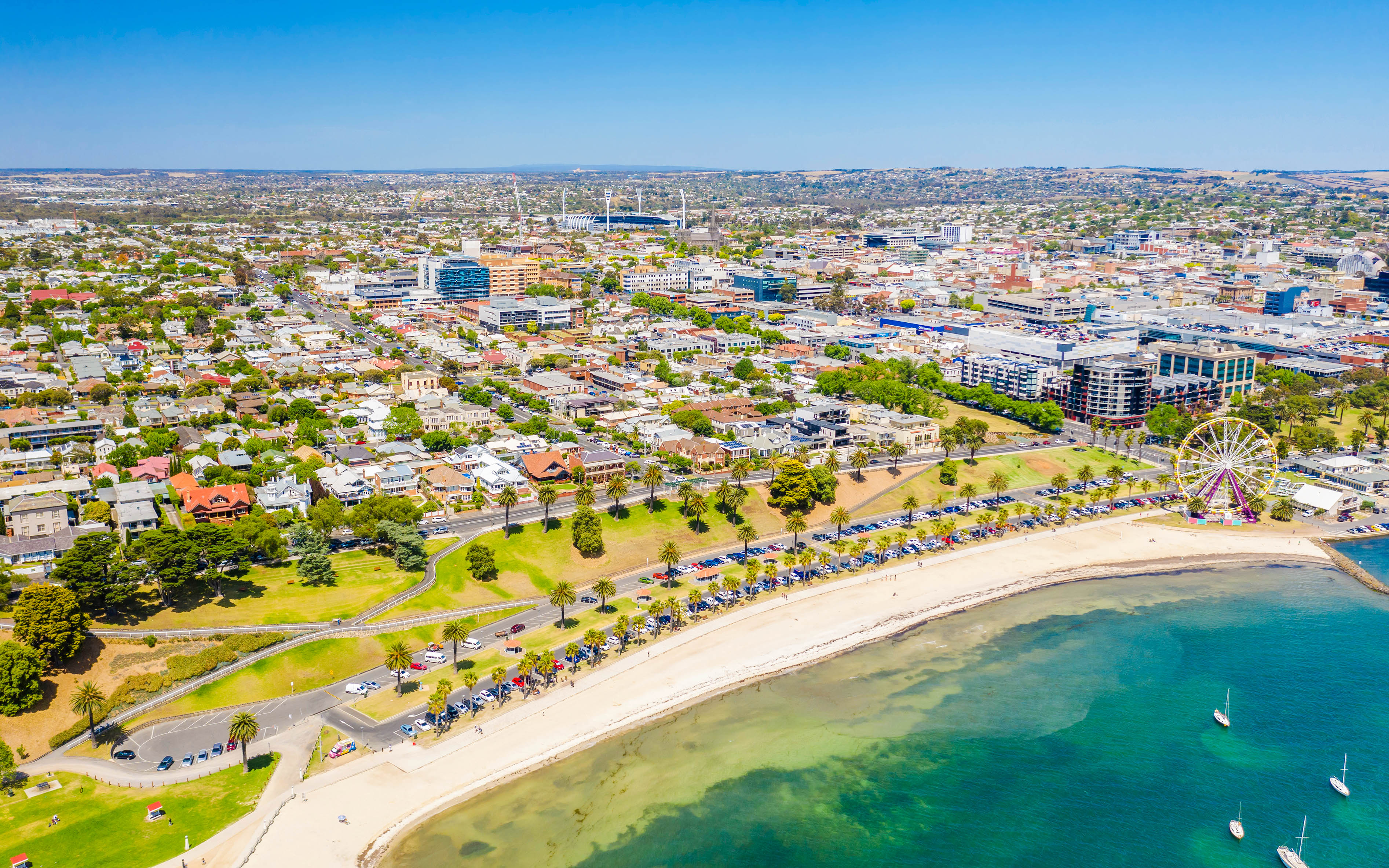 Aerial view of Geelong waterfront and cityscape, Australia.