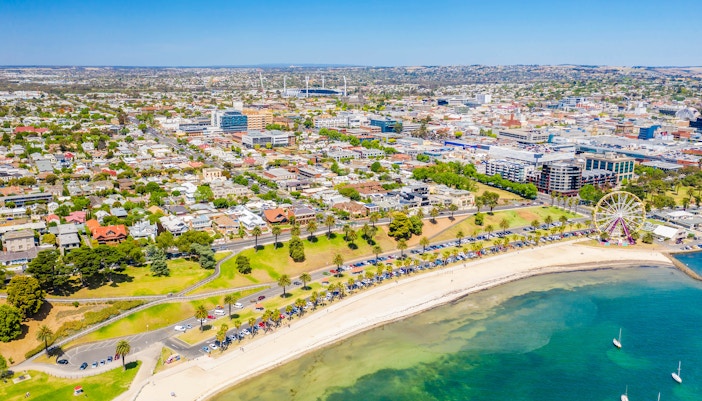 Aerial view of Geelong waterfront and cityscape, Australia.