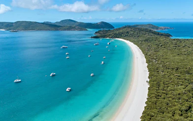 Whitehaven Beach with anchored boats and lush greenery, Whitsundays Island Cruise.