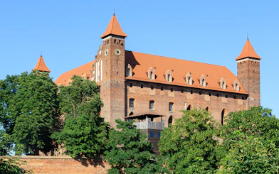 Medieval Teutonic brick castle with towers and trees in foreground.