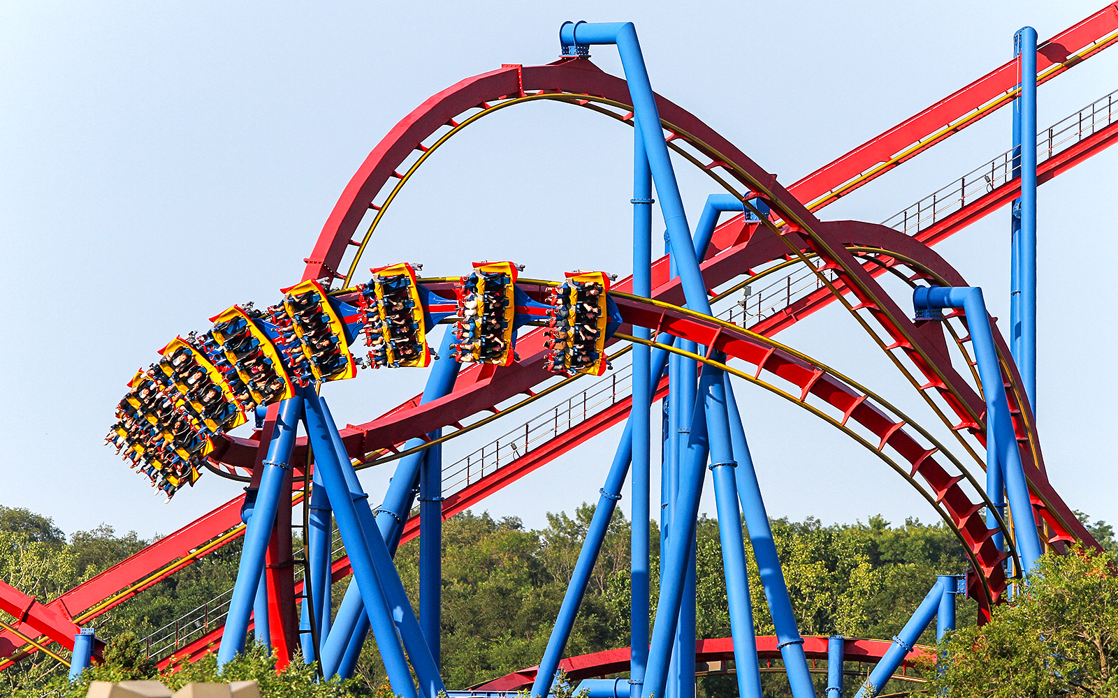 Roller coaster at Six Flags Great America with loops and riders.