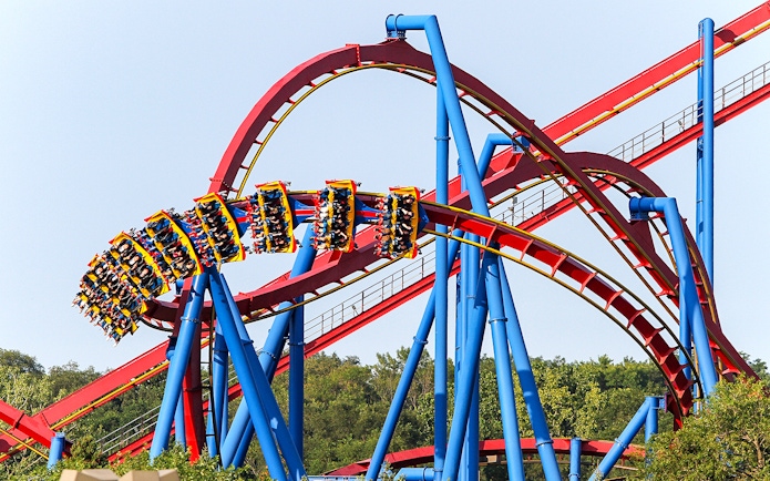 Roller coaster at Six Flags Great America with loops and riders.