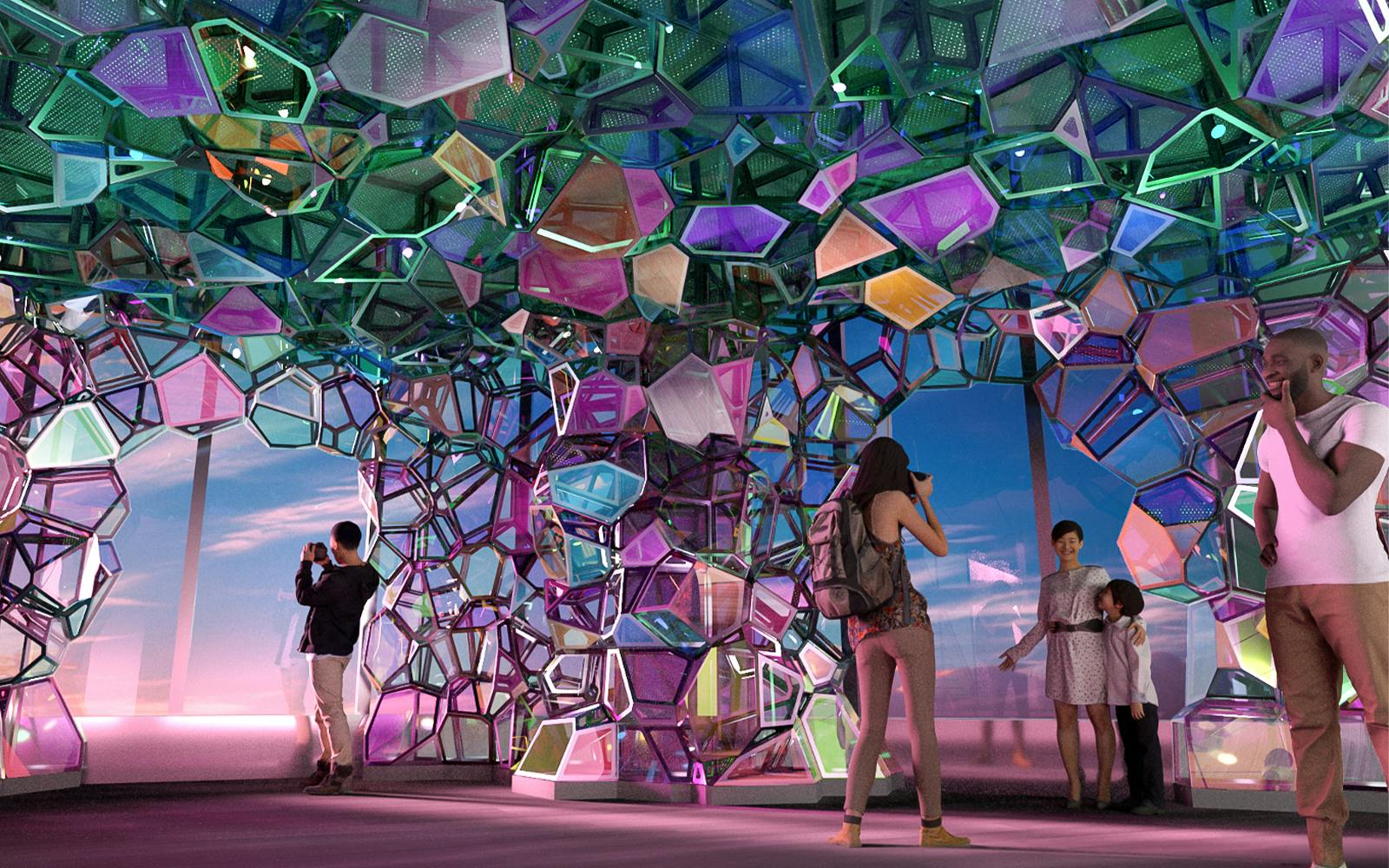 Visitors exploring the colorful geometric installation at Edge Experience, NYC.