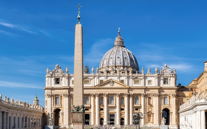 St. Peter’s Basilica Dome and obelisk in Vatican City, Rome.