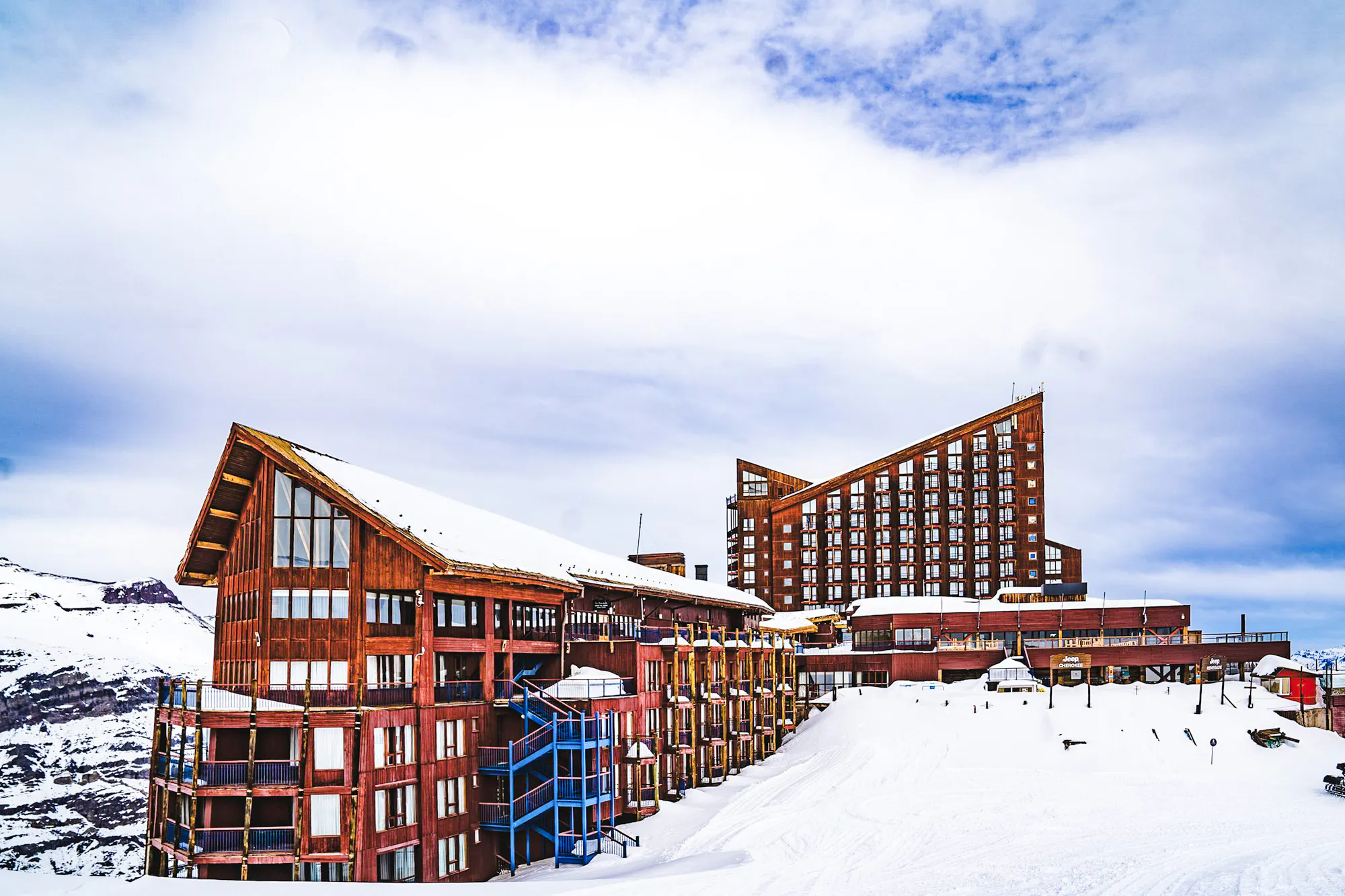 Valle Nevado ski resort buildings in snowy Andes, Santiago, Chile.