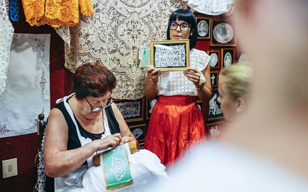 Lace-making demonstration at the Lace Museum in Burano, Italy.
