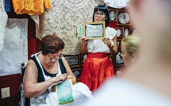 Lace-making demonstration at the Lace Museum in Burano, Italy.