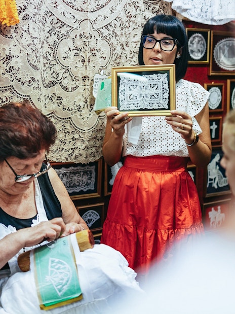 Lace-making demonstration at the Lace Museum in Burano, Italy.