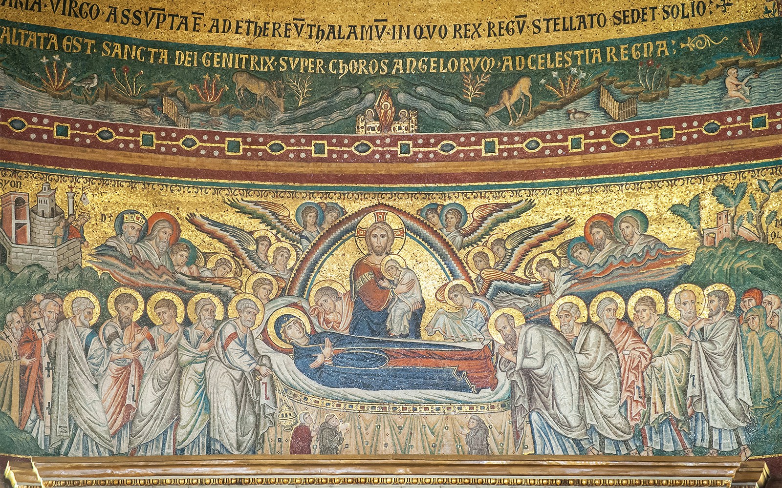 Dormition of the Virgin Mary mosaic in Basilica Santa Maria Maggiore, Rome, depicting apostles and angels.