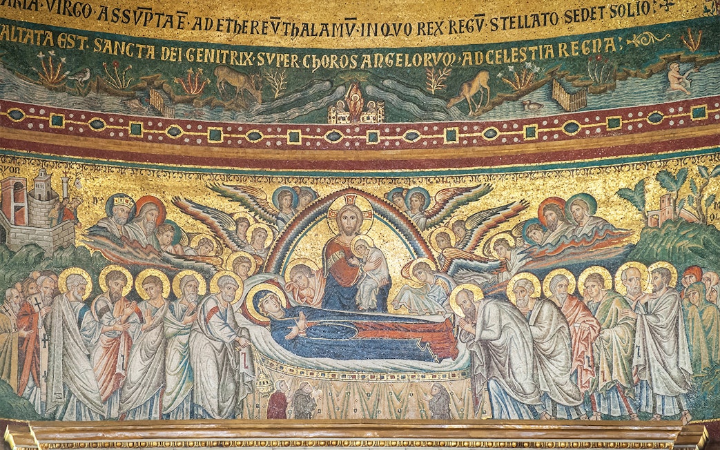 Dormition of the Virgin Mary mosaic in Basilica Santa Maria Maggiore, Rome, depicting apostles and angels.
