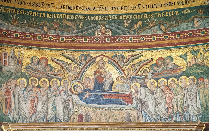 Dormition of the Virgin Mary mosaic in Basilica Santa Maria Maggiore, Rome, depicting apostles and angels.