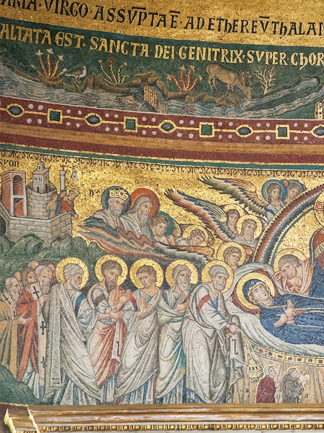 Dormition of the Virgin Mary mosaic in Basilica Santa Maria Maggiore, Rome, depicting apostles and angels.