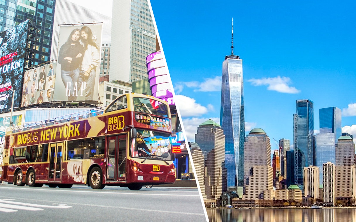 New York City tour bus in Times Square and view of One World Trade Center.
