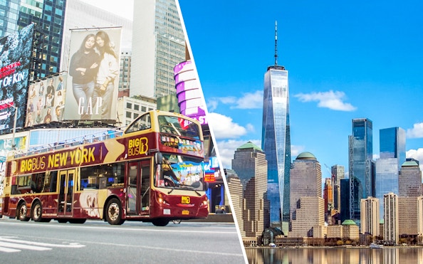 New York City tour bus in Times Square and view of One World Trade Center.