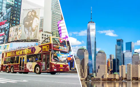 New York City tour bus in Times Square and view of One World Trade Center.
