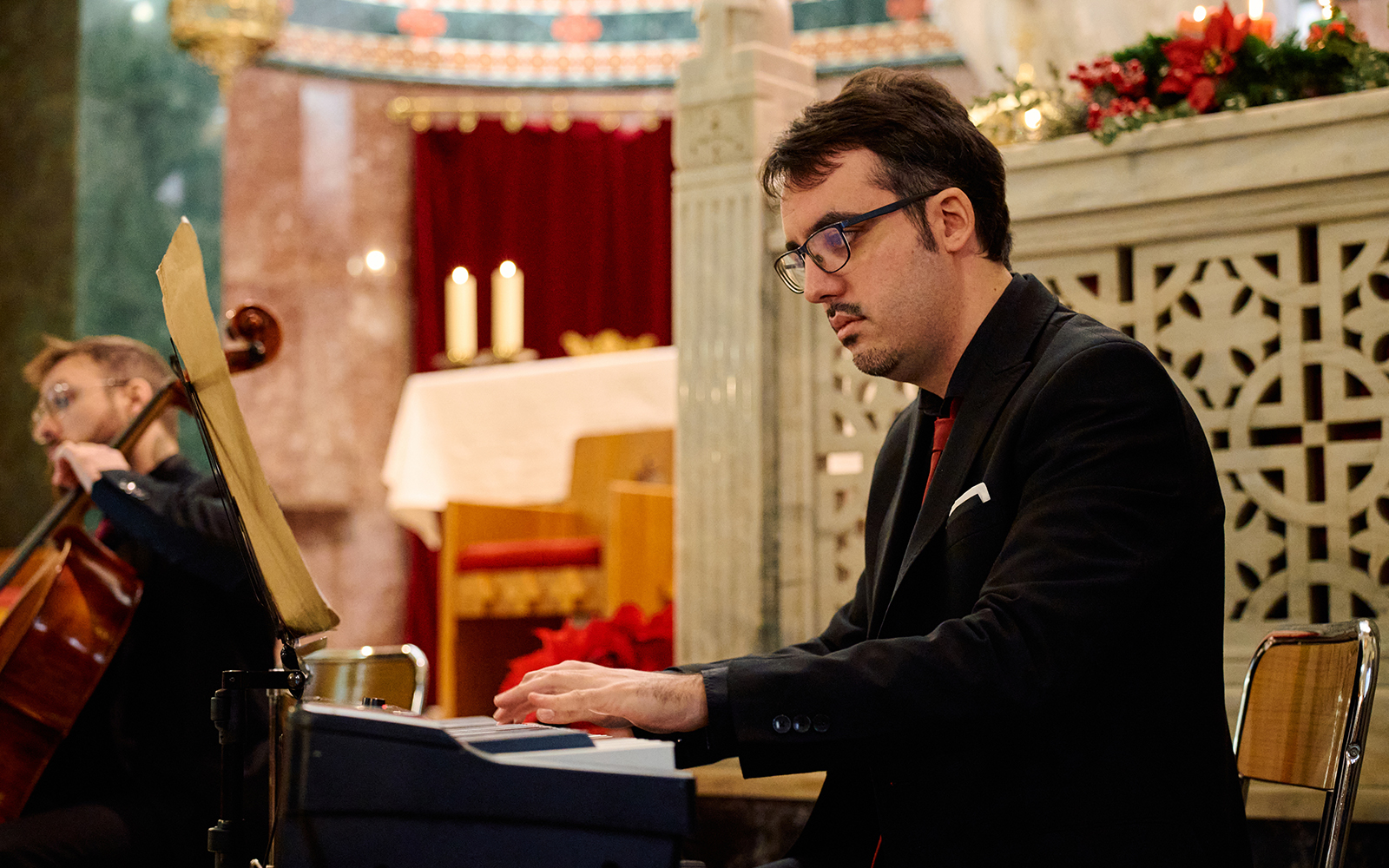 Polyphonic choir performing ancient melodies inside Notre Dame, evoking spiritual ambiance.