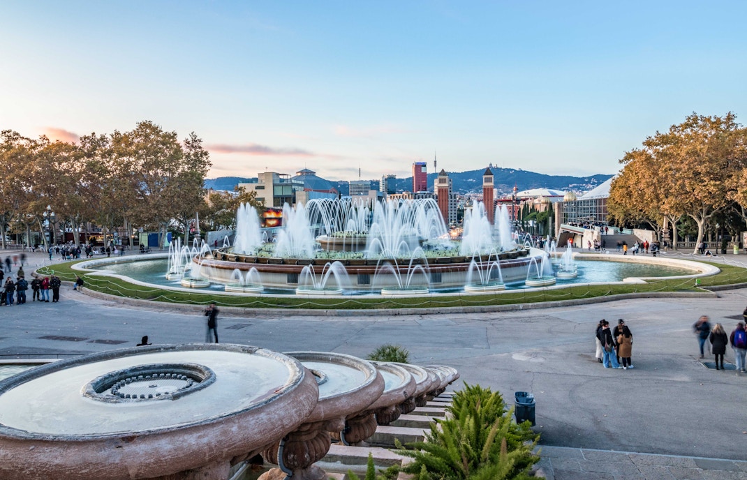 Magic Fountain of Montjuïc Barcelona illuminated at night with colorful water display.