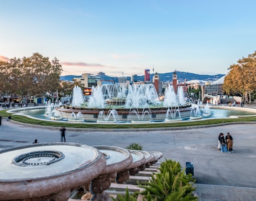 Magic Fountain of Montjuïc Barcelona illuminated at night with colorful water display.