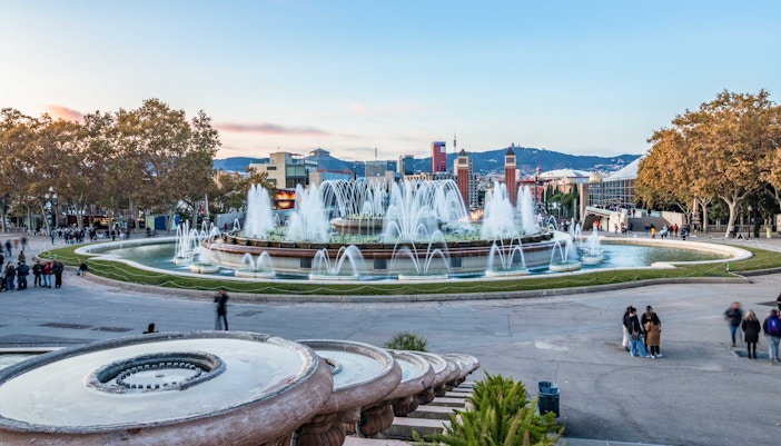 Magic Fountain of Montjuïc Barcelona illuminated at night with colorful water display.
