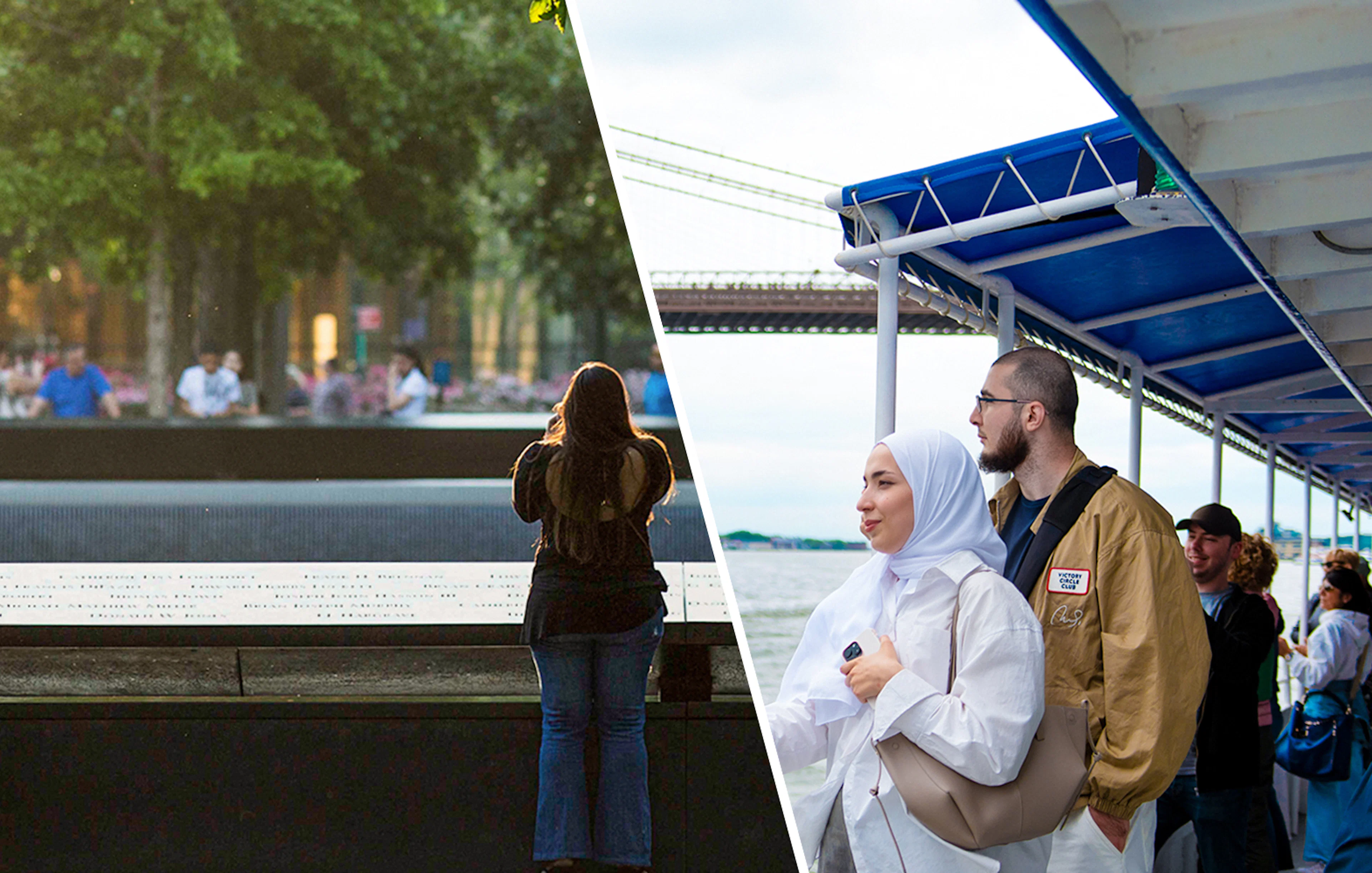 Memorial visitor and tourists on a boat with a bridge in the background.