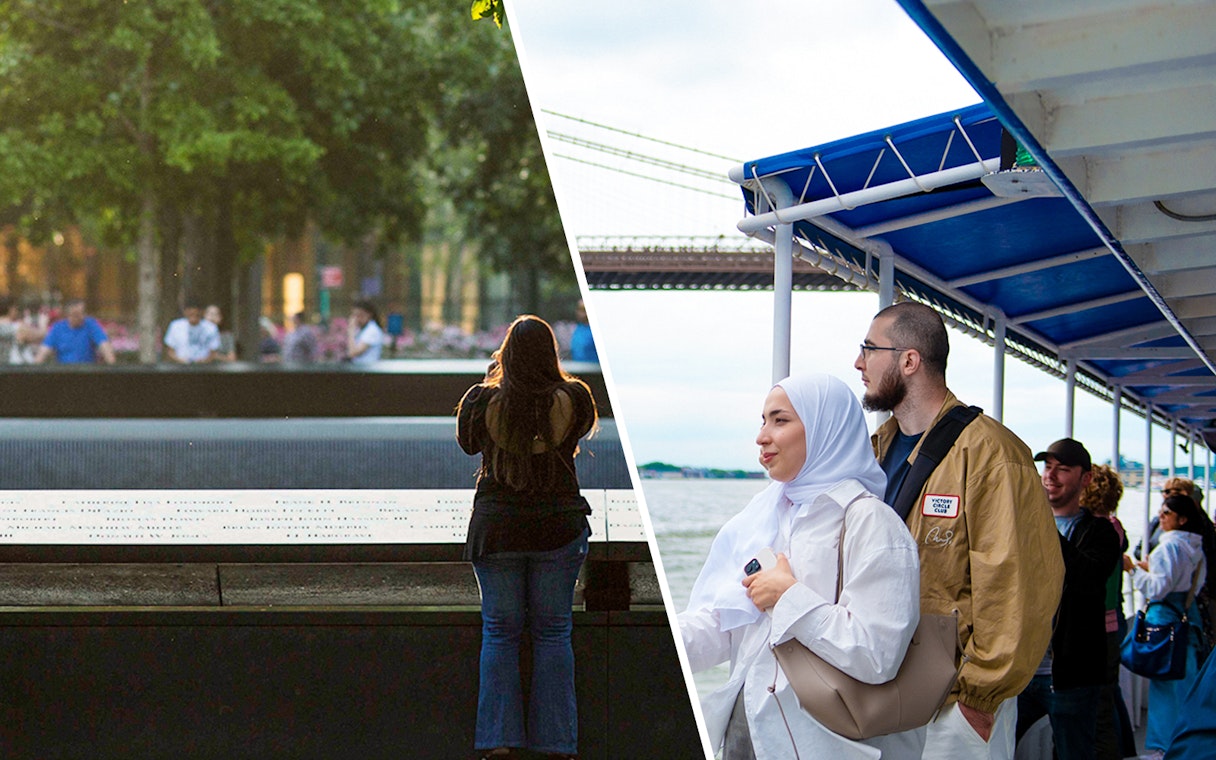 Memorial visitor and tourists on a boat with a bridge in the background.