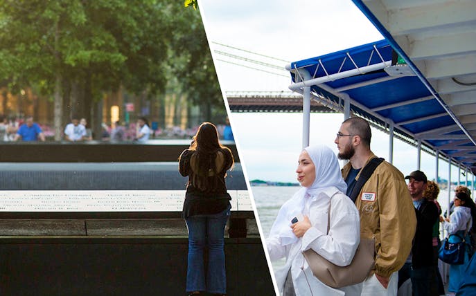 Memorial visitor and tourists on a boat with a bridge in the background.