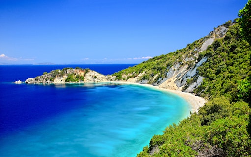 Gidaki Beach with turquoise waters and lush cliffs, Ithaca Island, Greece.