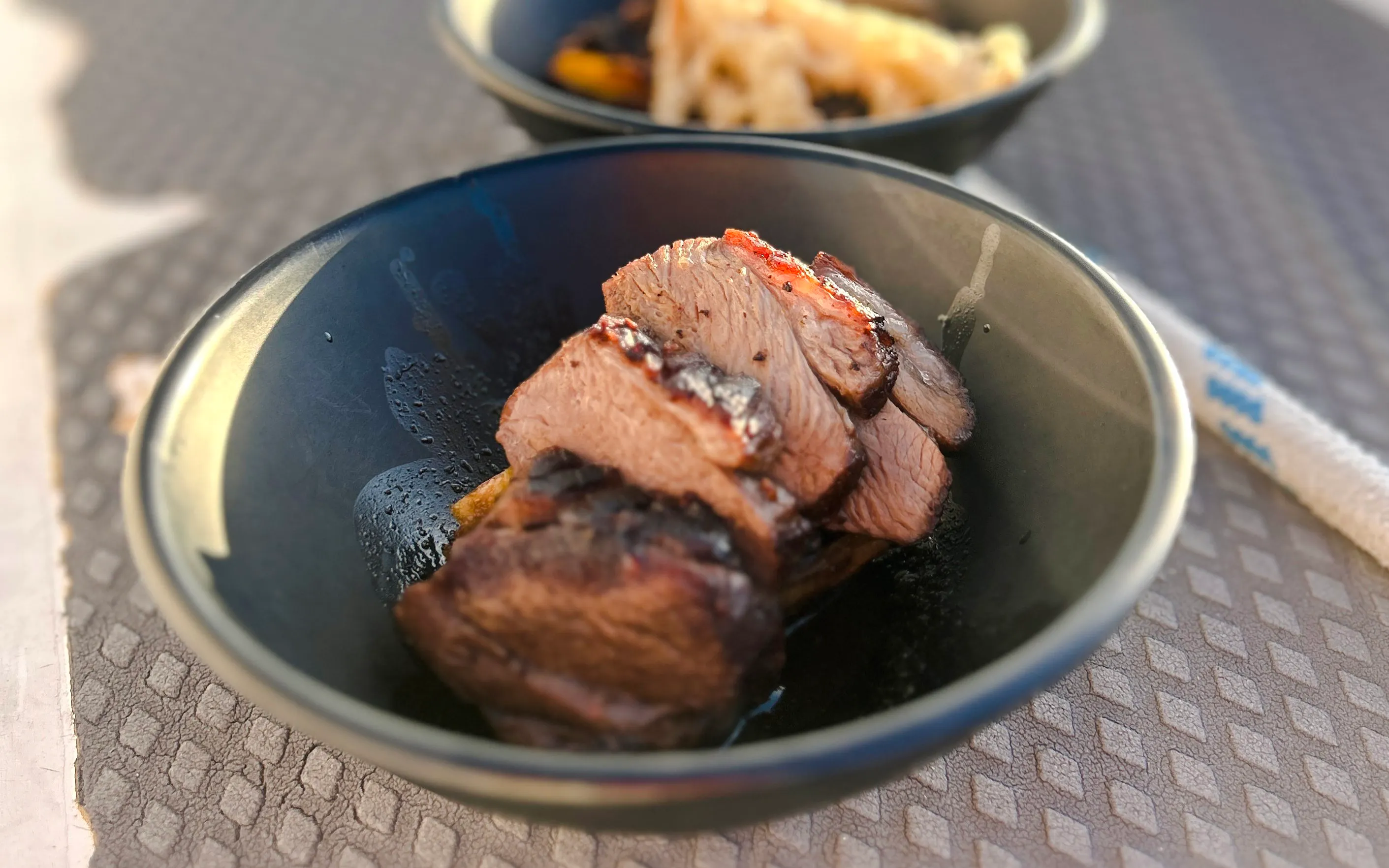 Slices of grilled meat served in a bowl on Auckland Harbour dinner cruise.