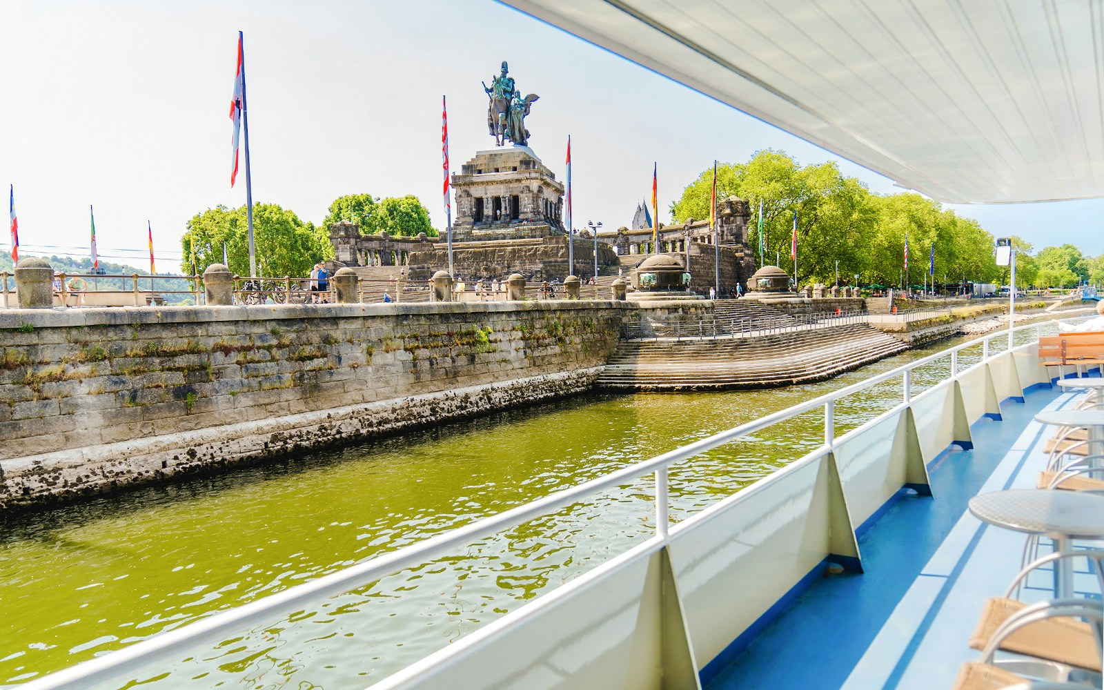 Deutsches Eck monument view from Koblenz sightseeing cruise on the Rhine River.