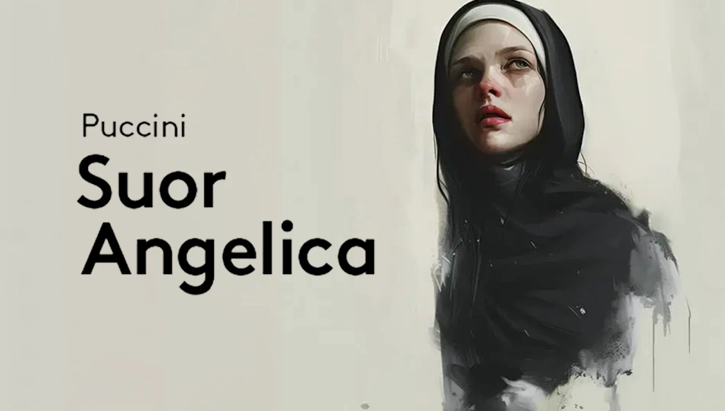 Suor Angelica opera poster featuring a nun in a contemplative pose.