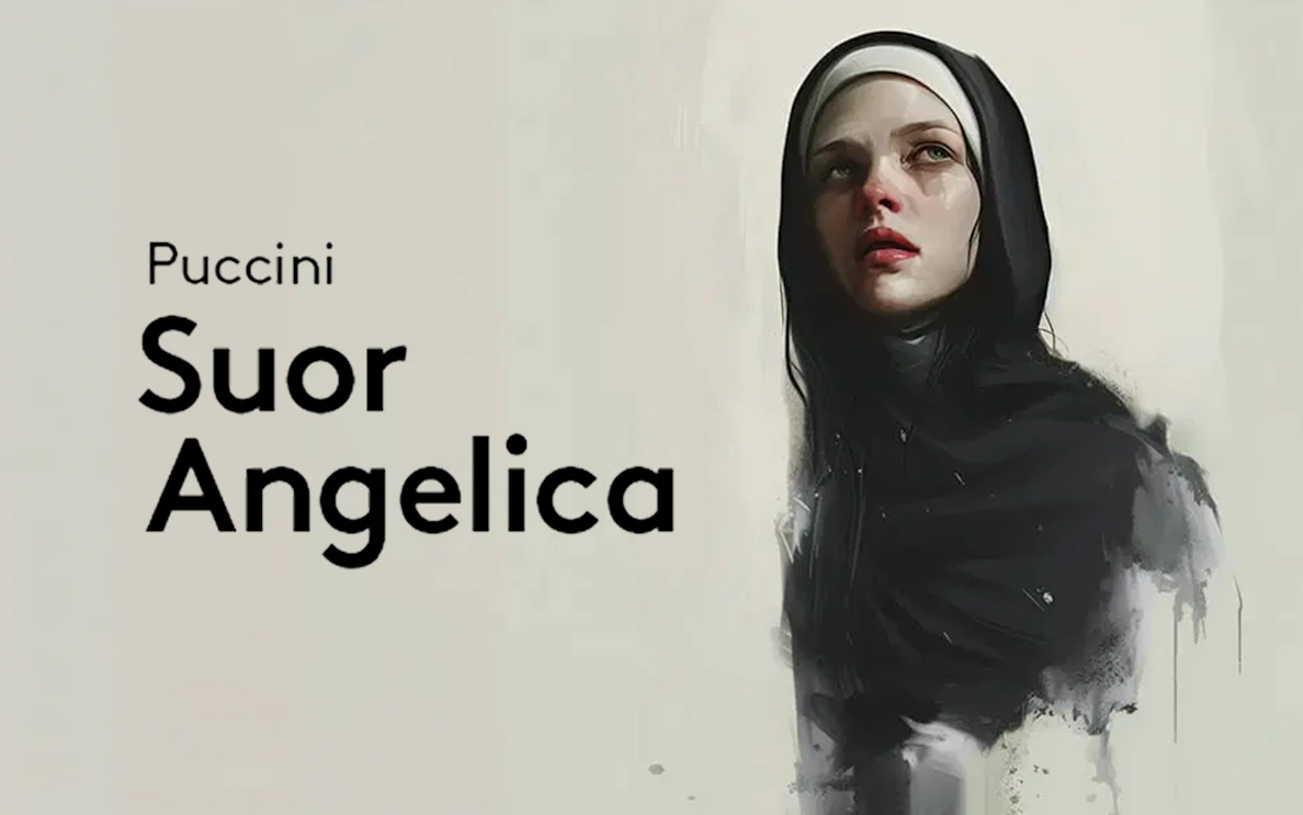 Suor Angelica opera poster featuring a nun in a contemplative pose.