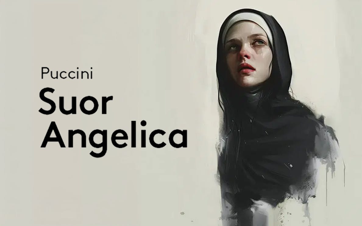 Suor Angelica opera poster featuring a nun in a contemplative pose.