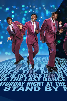 Musical poster for "The Drifters Girl" featuring four performers in suits with song titles.
