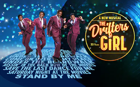 Musical poster for "The Drifters Girl" featuring four performers in suits with song titles.