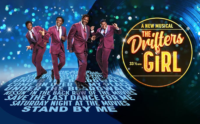 Musical poster for "The Drifters Girl" featuring four performers in suits with song titles.