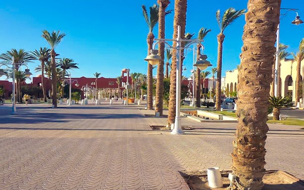 Palm-lined street in Hurghada with shops and people walking.